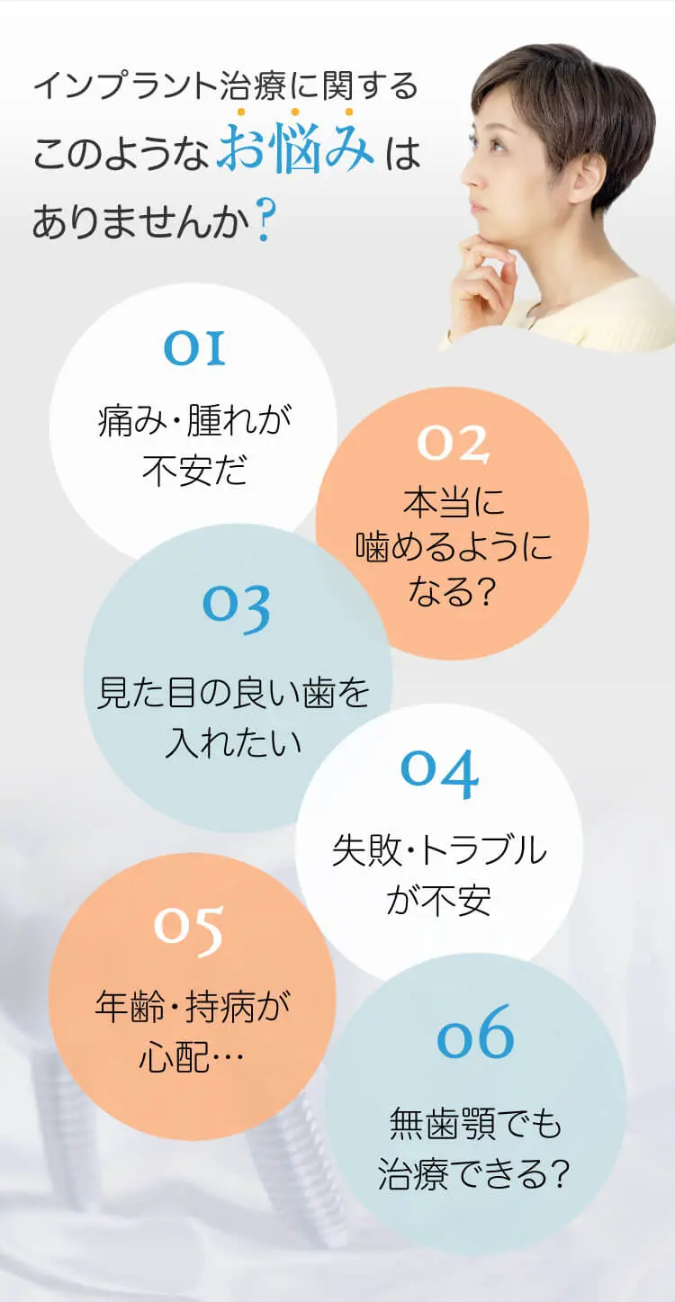 インプラント治療に関するこのようなお悩みはありませんか？痛み・腫れ・失敗・年齢・寿命